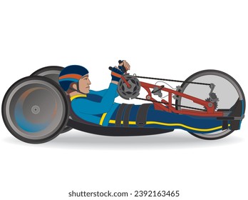 para sports hand cycling H1-4, cyclist male athlete with a physical disability, reclined position isolated on a white background