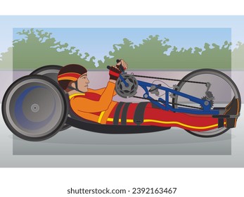 para sports hand cycling H1-4, cyclist male athlete with a physical disability, reclined position with outdoor background