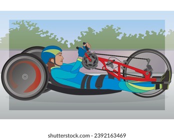 para sports hand cycling H1-4, cyclist female athlete with a physical disability, reclined position with outdoor background