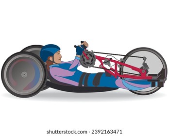para sports hand cycling H1-4, cyclist female athlete with a physical disability, reclined position isolated on a white background