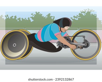 para sports hand cycling H5, cyclist female athlete with a physical disability, with outdoor background