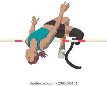 para sports high jump, female athlete with a physical disability on prosthetic leg, track and field, isolated on a white background