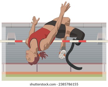 para sports high jump, female athlete with a physical disability on prosthetic leg, track and field, with stadium in background
