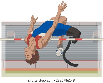 para sports high jump, male athlete with a physical disability on prosthetic leg, track and field, with stadium in background