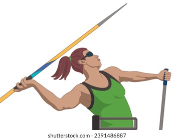 para sports javelin throw, female athlete who is visually impaired, track and field, isolated on a white background