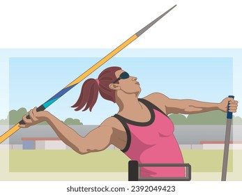 para sports javelin throw, female athlete with a visual impairment, track and field, with stadium in background