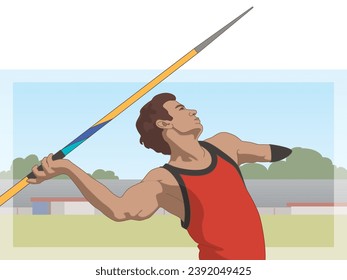 para sports javelin throw, male athlete with a physical disability, track and field, with stadium in background