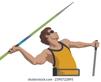 para sports javelin throw, visual impaired male athlete, track and field, isolated on a white background