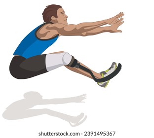 para sports long jump, male athlete with a physical disability on prosthetic leg, track and field, isolated on a white background