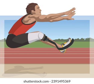 para sports long jump, male athlete with a physical disability on prosthetic leg, track and field, with track in background