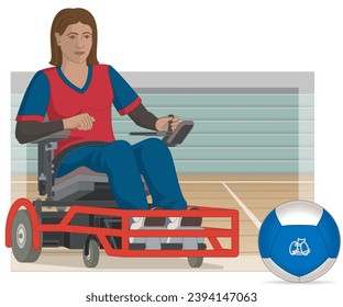 para sports powerchair football female player with a physical disability sitting in specialized powered wheelchair kicking ball including court in background