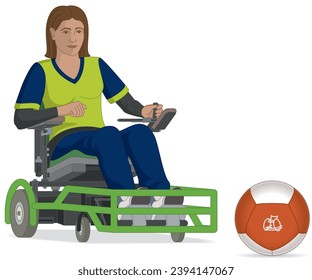 para sports powerchair football female player with a physical disability sitting in specialized powered wheelchair kicking ball isolated on a white background