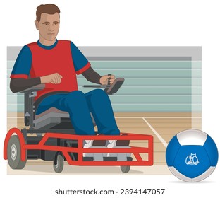 para sports powerchair football male player with a physical disability sitting in specialized powered wheelchair kicking ball including court in background