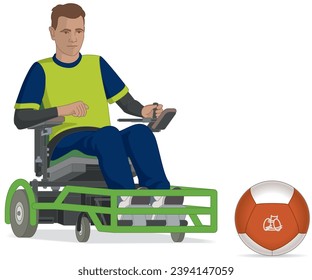 para sports powerchair football male player with a physical disability sitting in specialized powered wheelchair kicking ball isolated on a white background