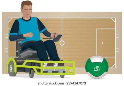 para deportes powerchair futbolista masculino con discapacidad física sentado en una silla de ruedas propulsada especializada bola de patinaje incluyendo una cancha de tamaño estándar en segundo plano