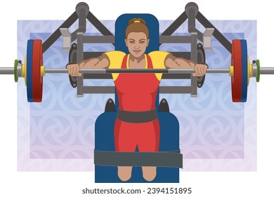 para sports powerlifting female with a physical disability lifting barbell and lying on bench press, aerial view with abstract background