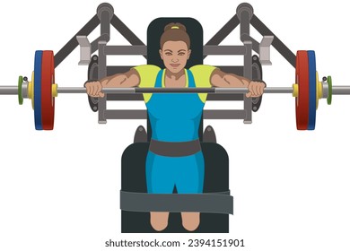 para sports powerlifting female with a physical disability lifting barbell and lying on bench press, aerial view isolated on a white background