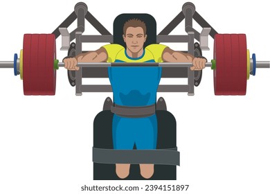 para sports powerlifting male with a physical disability lifting barbell and lying on bench press, aerial view isolated on a white background