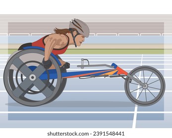 para sports racing, female athlete with a physical disability sitting in specialized wheelchair with track and stadium in background, landscape view