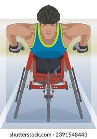 para sports racing, male athlete with a physical disability sitting in specialized wheelchair with track in background, portrait view