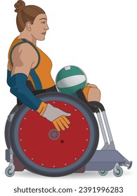 para sports rugby, female athlete with a physical disability sitting in a specialized wheelchair isolated on a white background