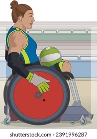 para sports rugby, female athlete with a physical disability sitting in a specialized wheelchair with stadium in the background