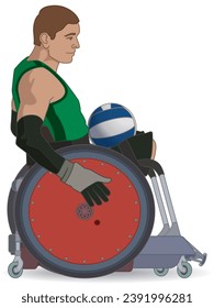 para sports rugby, male athlete with a physical disability sitting in a specialized wheelchair isolated on a white background