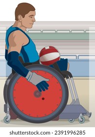 para sports rugby, male athlete with a physical disability sitting in a specialized wheelchair with stadium in the background