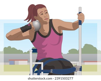 para sports shot put, female athlete with a physical disability, track and field, with stadium in background