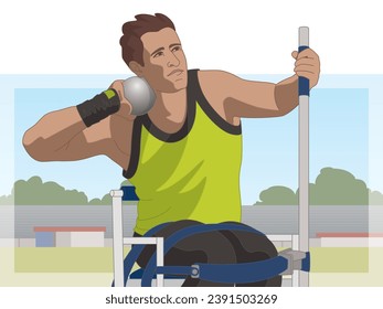 para sports shot put, male athlete with a physical disability, track and field, with stadium in background