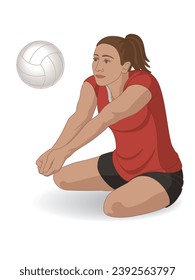 Parasportarten, Volleyball sitzen, weibliche Sportlerin mit körperlicher Behinderung, Volleyball einzeln auf weißem Hintergrund