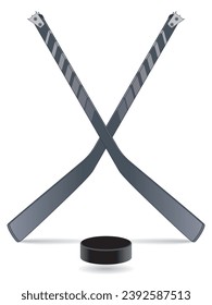 para sports sledge hockey for athletes with a physical disability, two hockey sticks crossed with puck isolated on a white background