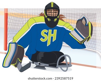 para sports sledge hockey, female goaltender with a physical disability sitting in specialized sled on ice in front of net