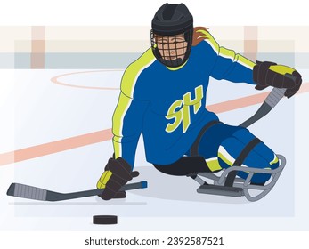 para sports sledge hockey, female player with a physical disability sitting in specialized sled on ice with hockey rink in background
