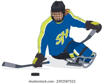 para sports sledge hockey, female player with a physical disability sitting in specialized sled on ice isolated on a white background