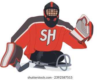 para sports sledge hockey, male goaltender with a physical disability sitting in specialized sled on ice isolated on a white background