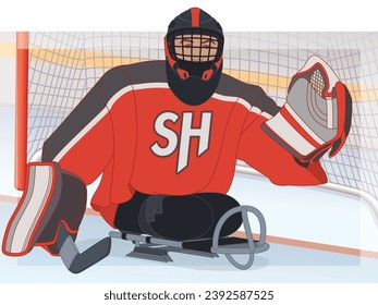 para sports sledge hockey, male goaltender with a physical disability sitting in specialized sled on ice in front of net