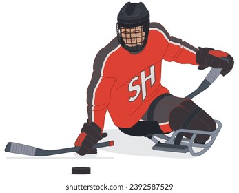 para sports sledge hockey, male player with a physical disability sitting in specialized sled on ice isolated on a white  background