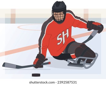 para sports sledge hockey, male player with a physical disability sitting in specialized sled on ice with hockey rink in background