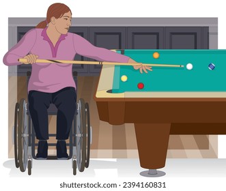 para sports snooker or billiards female player with a physical disability sitting in a wheelchair aiming at ball with cue stick with background