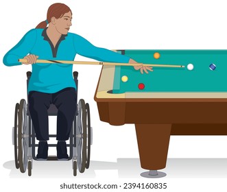 para sports snooker or billiards female player with a physical disability sitting in a wheelchair aiming at ball with cue stick isolated on a white background