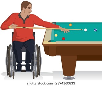 para snooker deportivo o jugador masculino de billar con discapacidad física sentado en una silla de ruedas apuntando a la pelota con palo de cola aislado en un fondo blanco