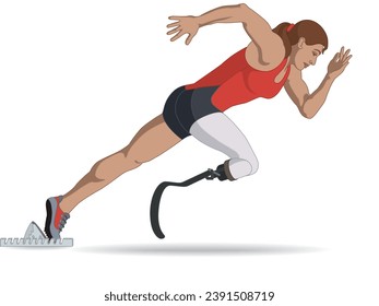 para sports sprint running, female athlete with a physical disability on prosthetic leg, track and field, isolated on a white background