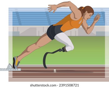 para sports sprint running, female athlete with a physical disability on prosthetic leg, track and field, with track and stadium in background