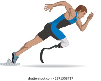 para sports sprint running, male athlete with a physical disability on prosthetic leg, track and field, isolated on a white background