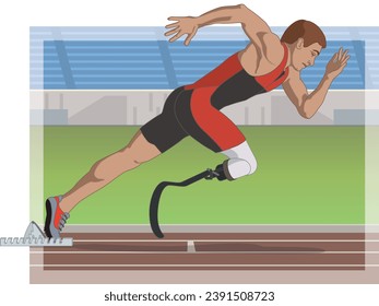 para sports sprint running, male athlete with a physical disability on prosthetic leg, track and field, with track and stadium in background