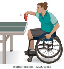 para sports table tennis, female athlete with a physical disability sitting in specialized wheelchair holding paddle hitting ball isolated on a white background