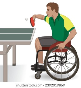 para sports table tennis, male athlete with a physical disability sitting in specialized wheelchair holding paddle hitting ball isolated on a white background