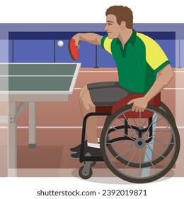 para sports table tennis, male athlete with a physical disability sitting in specialized wheelchair holding paddle hitting ball with stadium background