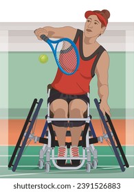 para sports tennis, female athlete with a physical disability sitting in a wheelchair hitting tennis ball with racquet, with indoor court in stadium background